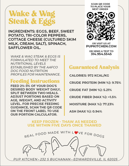 Premium Recipe | Wake & Wag Steak & Eggs Meal | Premium Dog Food | Pup Kitchen